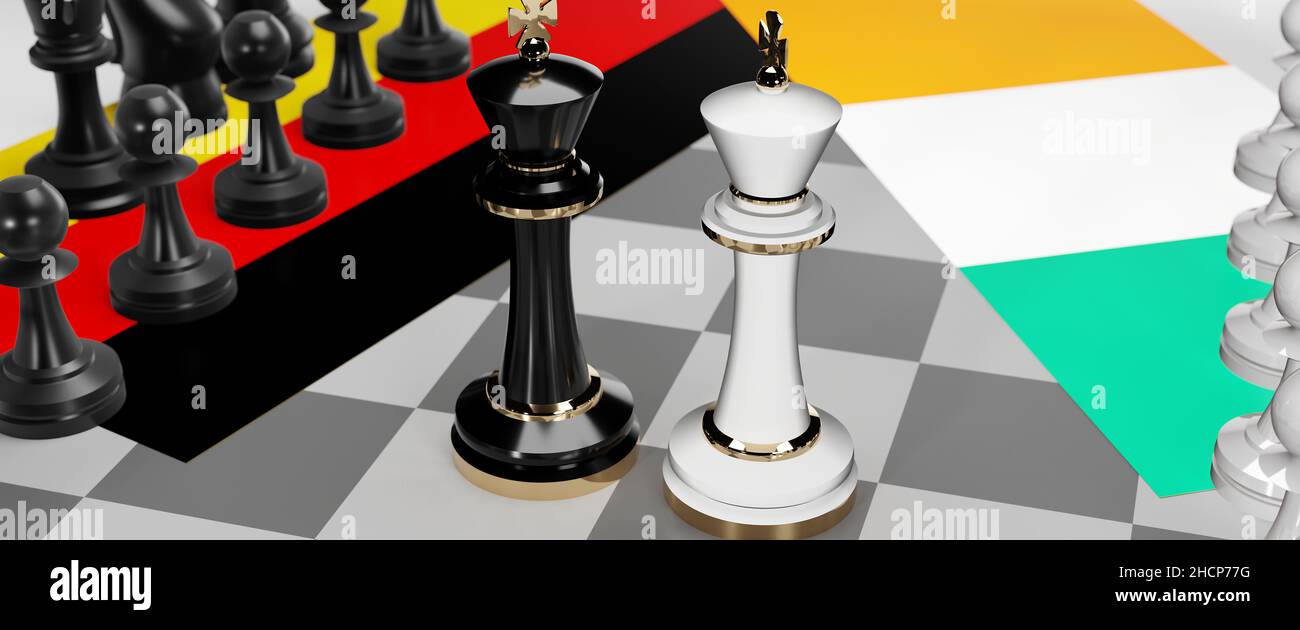 Deutschland und Irland - Gespräche, Debatten, Dialoge oder eine Konfrontation zwischen diesen beiden Ländern, die als zwei Schachkönige mit Fahnen dargestellt werden, die die Kunst von M symbolisieren Stockfoto