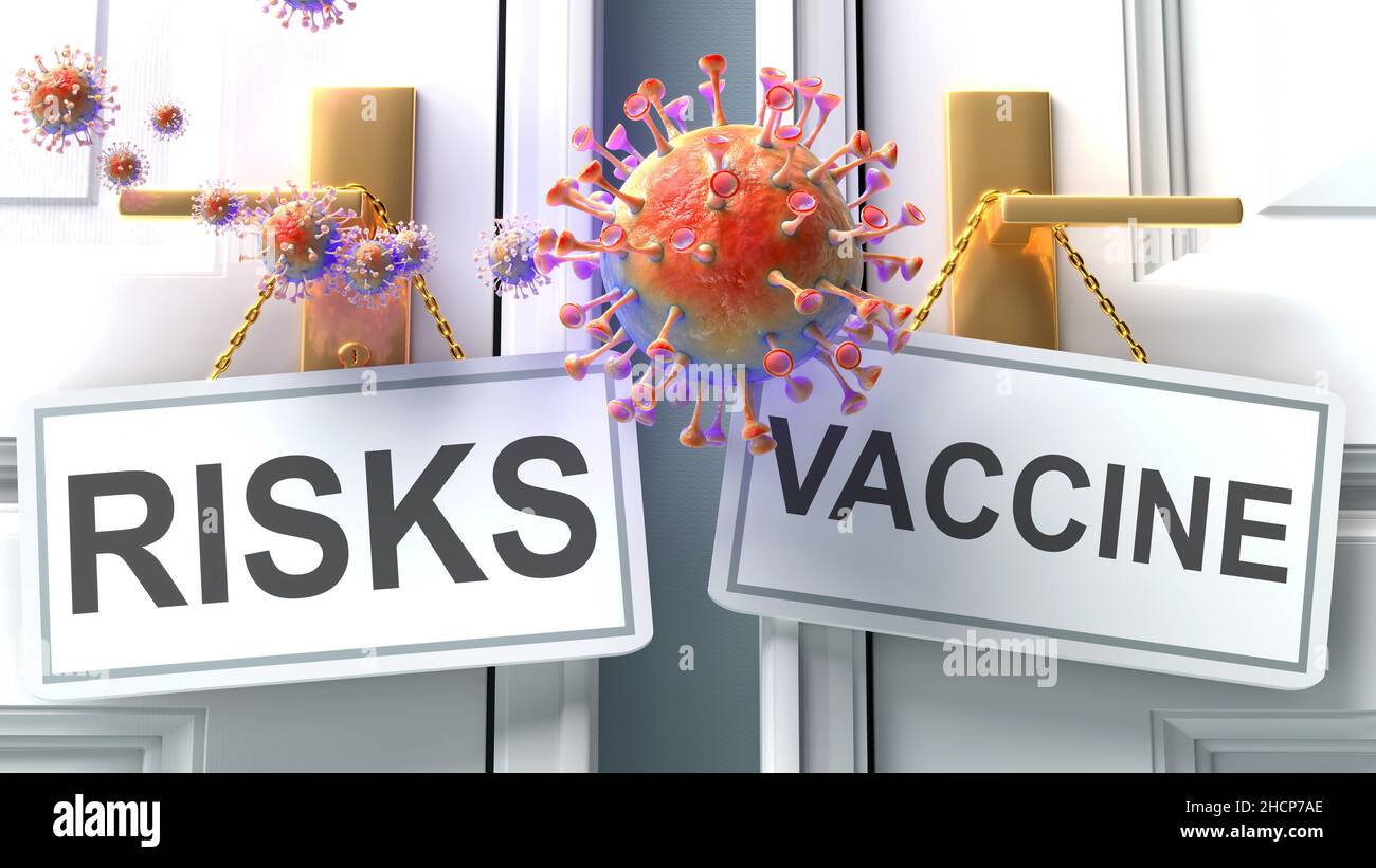 Covid-Risiken oder -Impfstoff – Ausgang einer Viruspandemie und zwei zukünftige Alternativen, die als „Risiken“ und „Impfstoff“-Türklinke gekennzeichnet sind, Abbildung 3D Stockfoto