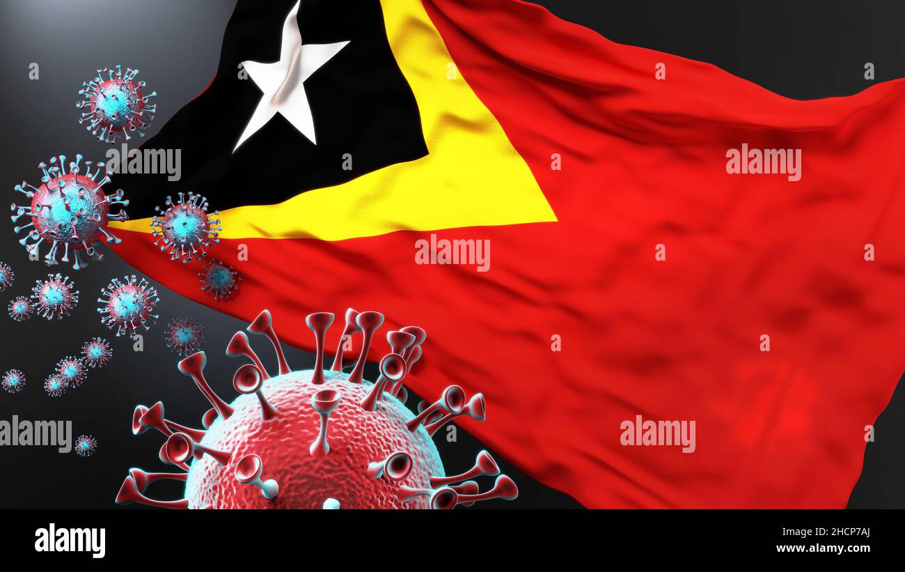 Timor-Leste und die kovidische Pandemie - Coronavirus greift die Nationalflagge von Timor-Leste an, um den Kampf, den Kampf und die Viruspräsenz in Th zu symbolisieren Stockfoto