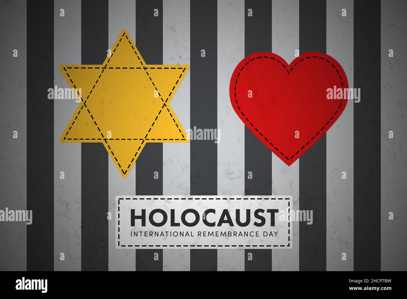 Internationaler Holocaust-Gedenktag. Jüdischer Stern, Streifen auf Gefangener-Gewand-Outfit. Gedenktag zum Zweiten Weltkrieg, 27. Januar Stockfoto