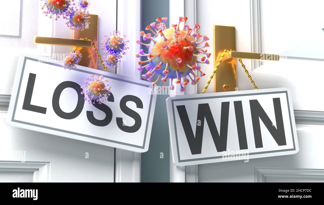 Covid Loss or Win - Virus pandemic outcome and two future alternatives presented as 'Loss' and 'win' door handle Labels, 3D Illustration Stockfoto