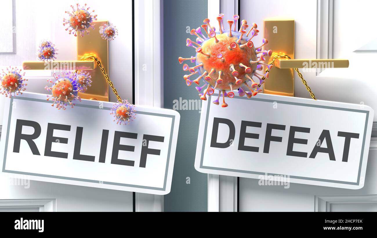 Covid Relief or Defeat - Ergebnis einer Viruspandemie und zwei zukünftige Alternativen, die als „zurückbleiben“ und „defeat“-Türklinke gekennzeichnet sind, Abbildung 3D Stockfoto