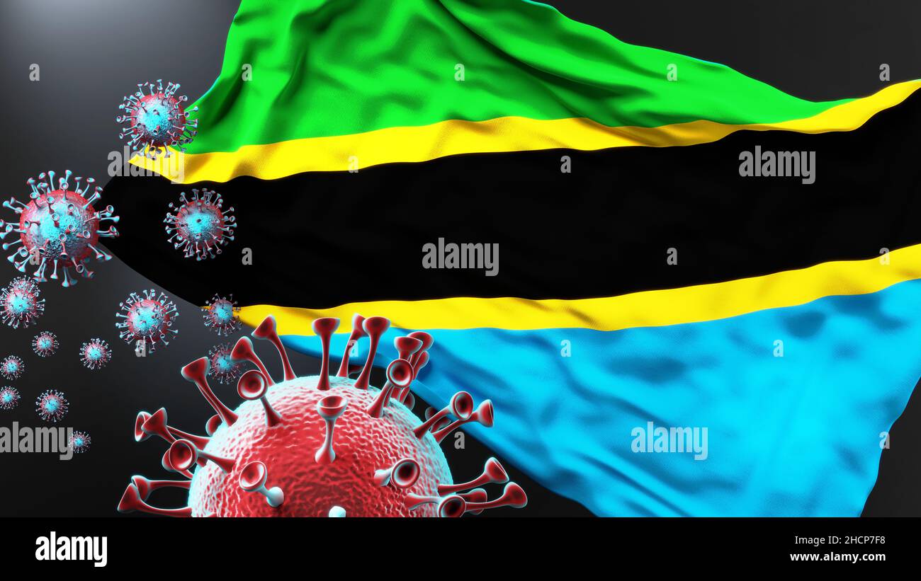 Tansania Vereinigte Republik und die Covid Pandemie - Corona-Virus greift seine Nationalflagge an, um den Kampf mit dem Virus in diesem Land zu symbolisieren, 3D il Stockfoto