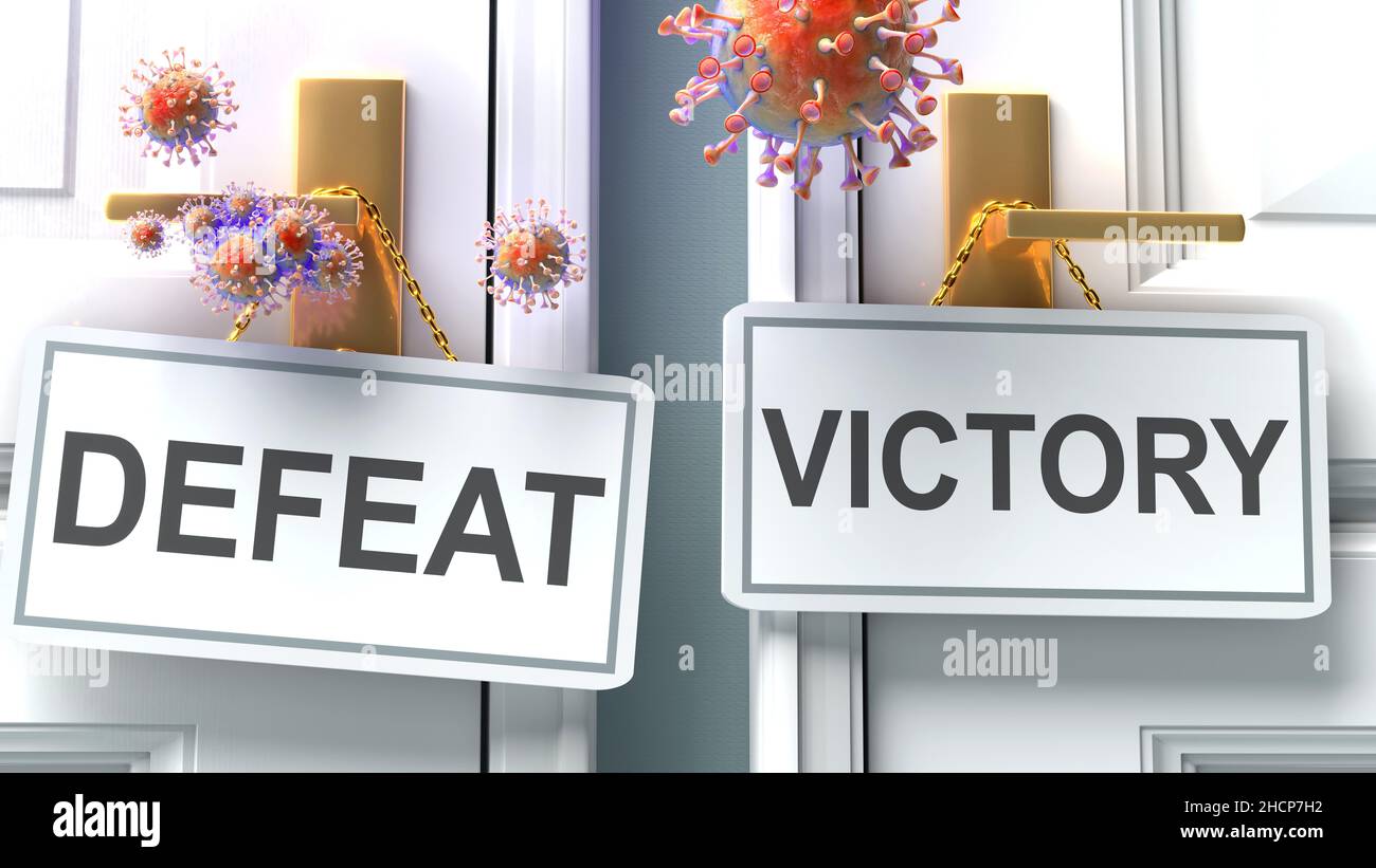 Covid-Niederlage oder Sieg – Ausgang einer Viruspandemie und zwei zukünftige Alternativen, die als „feat“- und „victory“-Türklinke-Etiketten dargestellt werden, illustration 3D Stockfoto