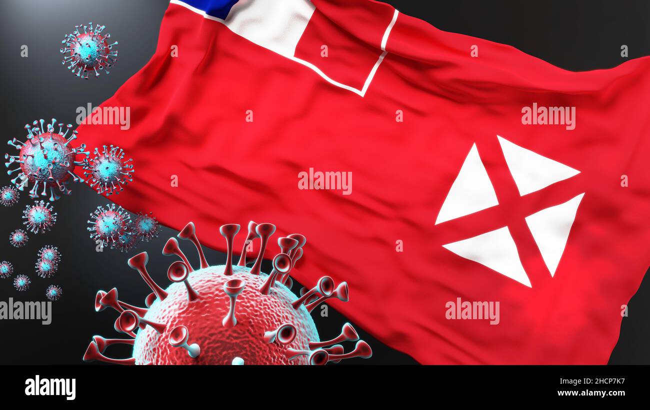 Wallis und Futuna und die kovidische Pandemie - Coronavirus greift die Nationalflagge von Wallis und Futuna an, um den Kampf, den Kampf und das Virus zu symbolisieren Stockfoto