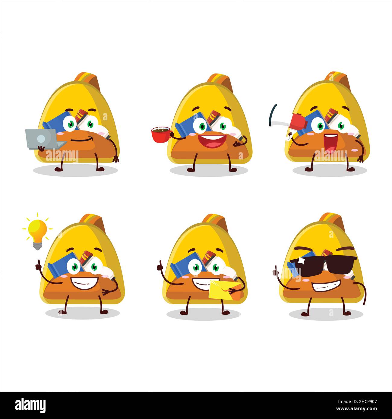 Schultasche Cartoon-Figur mit verschiedenen Arten von Business-Emoticons. Vektorgrafik Stock Vektor