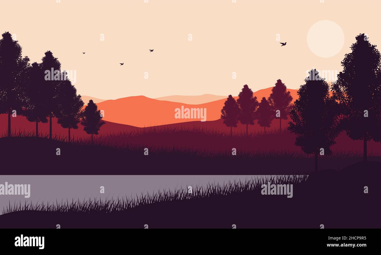 Realistischer Blick auf Seen und Berge von ländlichen Außenbezirken in der Dämmerung während des Tages.Vektor-Illustration einer Stadt Stock Vektor