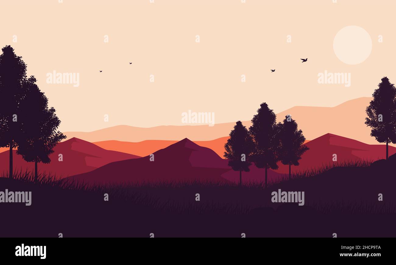 Blick auf die Berge mit schattigen Pinien am Tag.Vektor-Illustration einer Stadt Stock Vektor