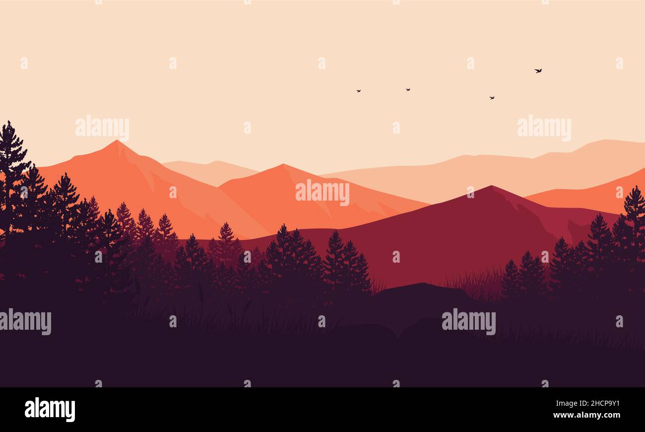 Ein atemberaubender hoher Berg neben einem riesigen Wald und am Rande eines Dorfes.Vektordarstellung einer Stadt Stock Vektor