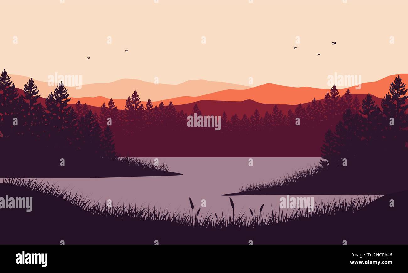 Atemberaubende Aussicht auf die Berge mit trockenem Baumaufgang vom Seeufer in der Abenddämmerung am Nachmittag.Vektordarstellung einer Stadt Stock Vektor