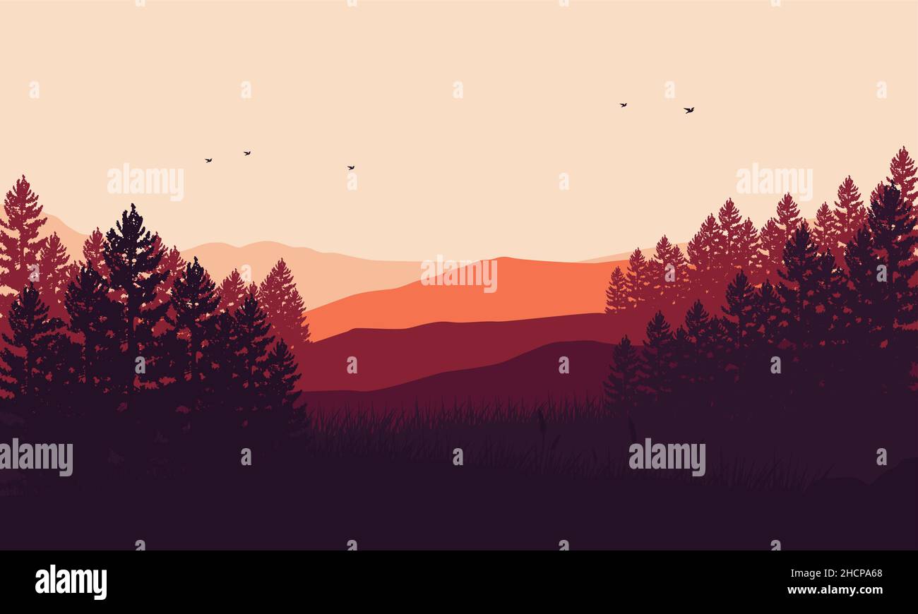 Fantastischer Berg mit trockenen Bäumen am Fluss und der Sonne am Mittag.Vektor-Illustration einer Stadt Stock Vektor