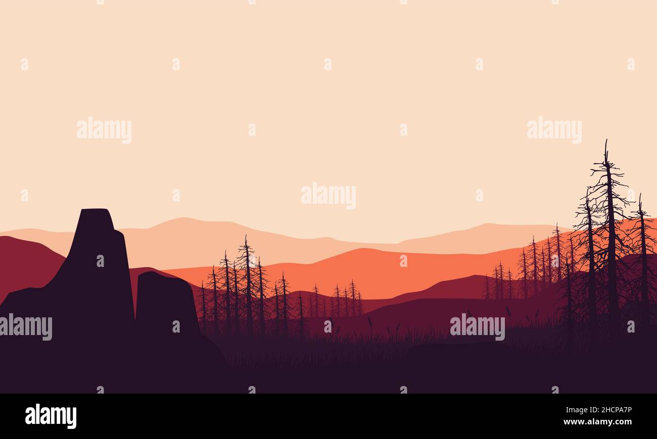 Ruhige Nachmittagsatmosphäre mit realistischem Blick auf die Berge aus dichtem Wald .Vektordarstellung einer Stadt Stock Vektor