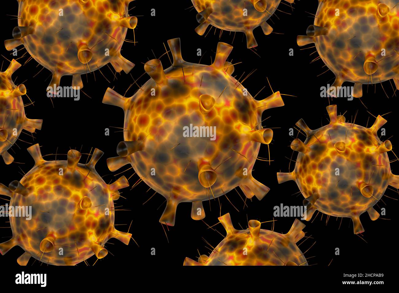 Die Omicron-Variante des Coronavirus wurde vor schwarzem Hintergrund erzeugt.die Variante B.1.1.529 wurde erstmals der WHO aus Südafrika am 24. November gemeldet Stockfoto