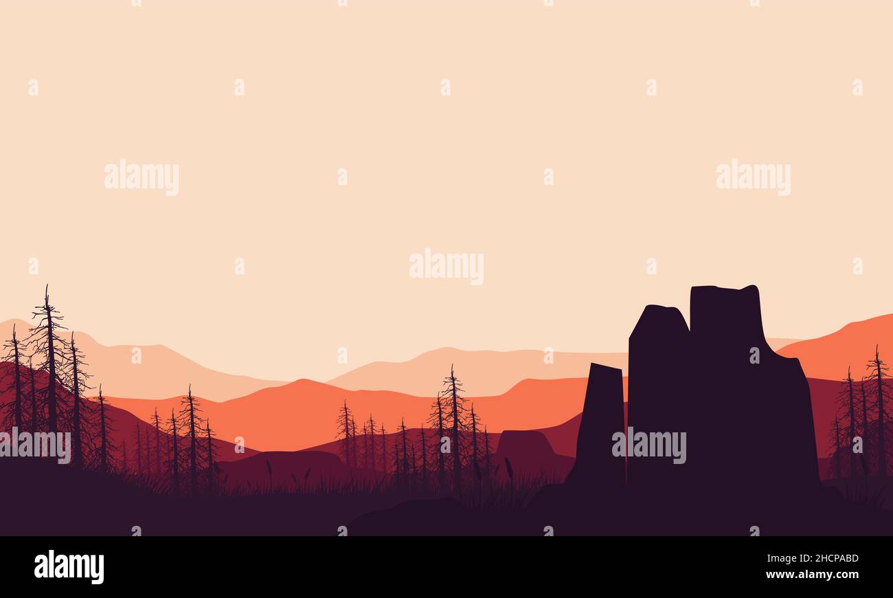 Die schöne Aussicht auf die Berge aus dem Dorf mit der ästhetischen Silhouette der trockenen Bäume um .Vektor-Illustration einer Stadt Stock Vektor