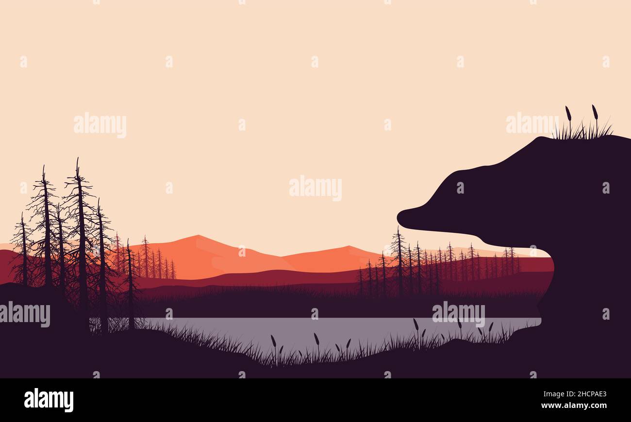 Fantastische Aussicht auf die Berge mit Dorf trockenen Baum Silhouette bei Sonnenaufgang .Vektor-Abbildung einer Stadt Stock Vektor