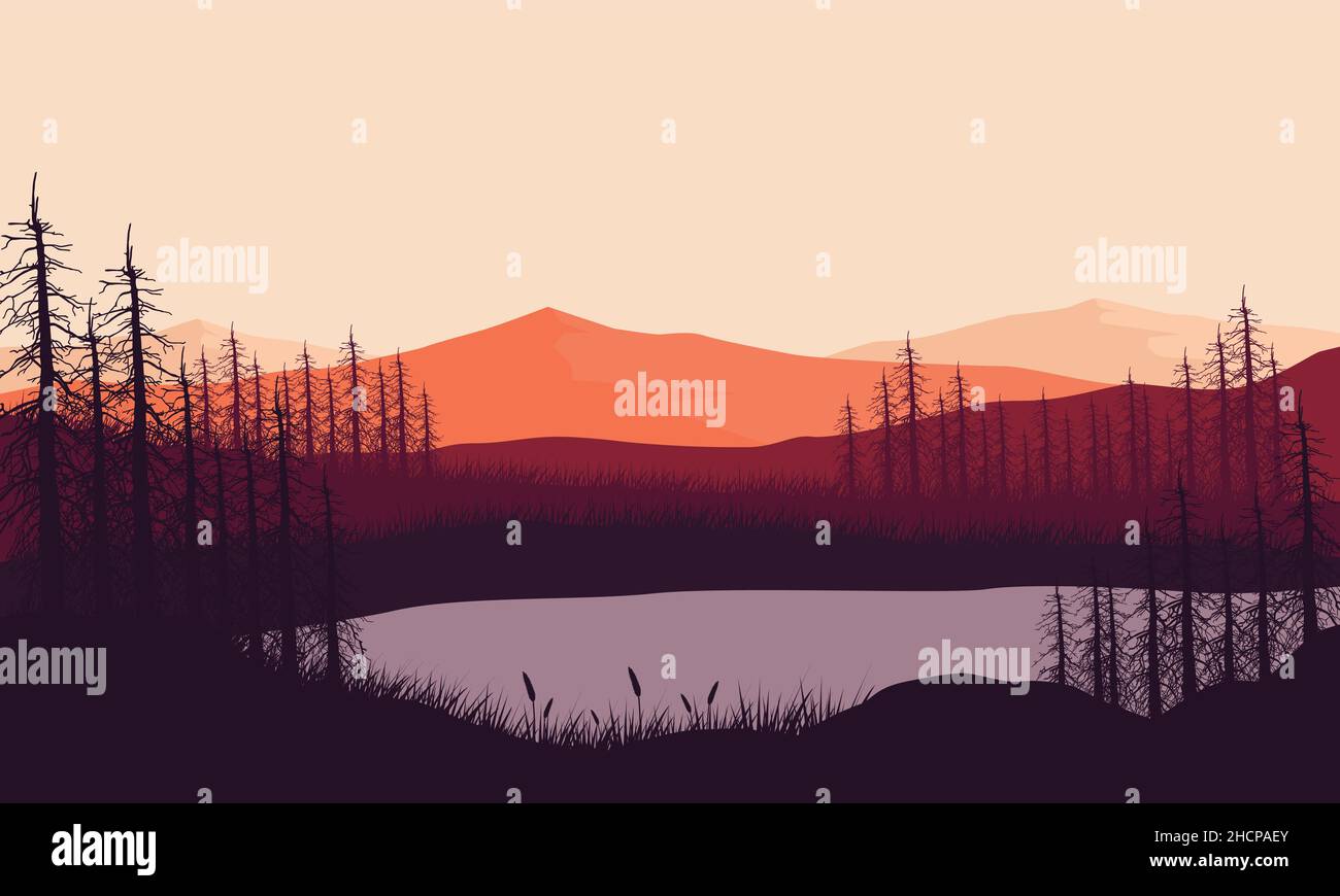 Schöne Aussicht auf die Berge am See am Nachmittag mit der Silhouette von trockenen Bäumen um ihn herum.Vektor-Illustration einer Stadt Stock Vektor