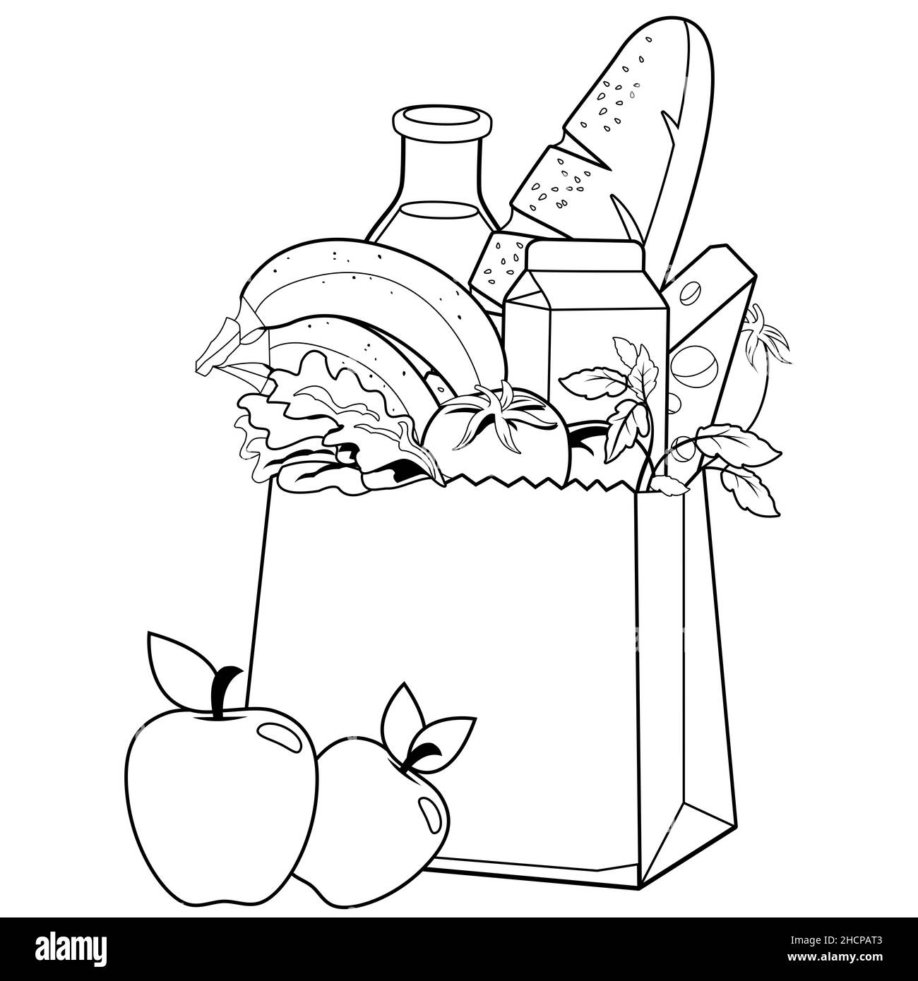 Papiertüte mit Lebensmitteln. Milch, Brot, Obst, Gemüse und Käse. Schwarz-Weiß-Malseite. Stockfoto