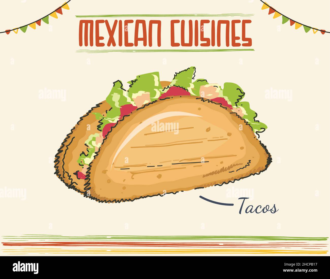 Tacos mit Fleisch und Gemüse. Traditionelles mexikanisches Fast Food. Vektorgrafik. Vektor-Illustration Cartoon flache Symbol auf weiß isoliert. Minimale CO Stock Vektor