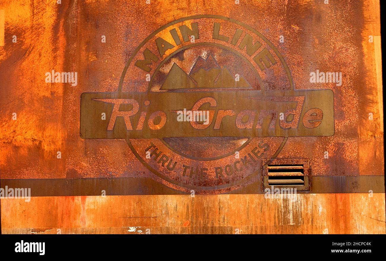 Schild mit der Old Rio Grande Railroad am Bahnhof Santa Fe (Bahnhof) Santa Fe New Mexico USA Stockfoto