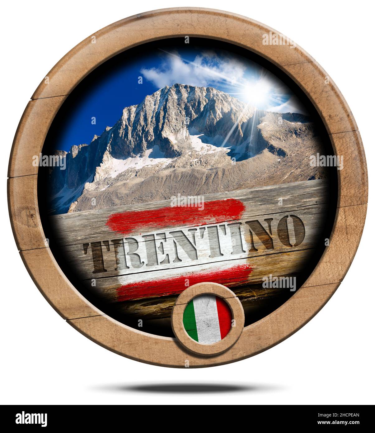 Hölzerne runde Ikone oder Symbol mit einem Berggipfel des Trentino, italienische Flagge, rot-weißes Wegzeichen mit Text Trentino. Isoliert auf weißem Hintergrund Stockfoto
