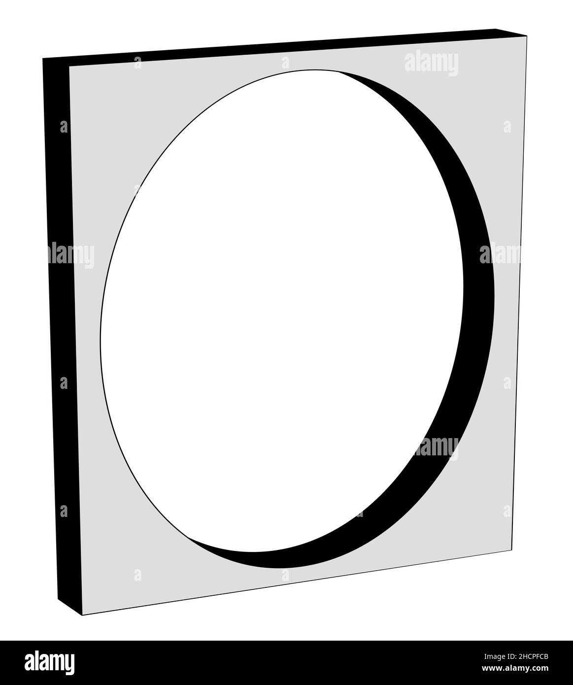 Ein ovaler Bilderrahmen in 3D Tiefe auf weißem Hintergrund Stockfoto