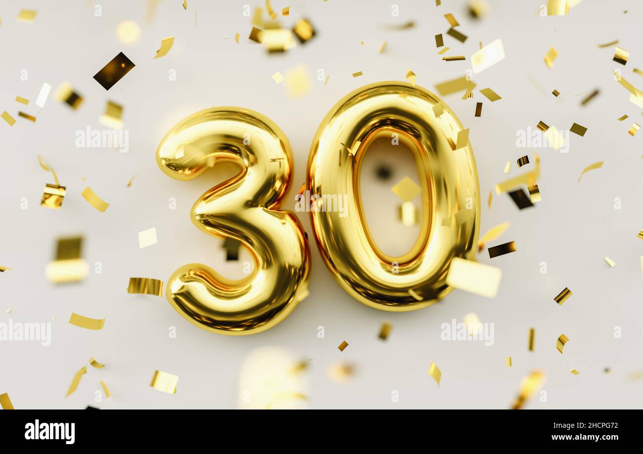 30 Jahre alt. Gold Ballons Zahl 30th Jahrestag, alles gute zum Geburtstag herzlichen Glückwunsch Stockfoto
