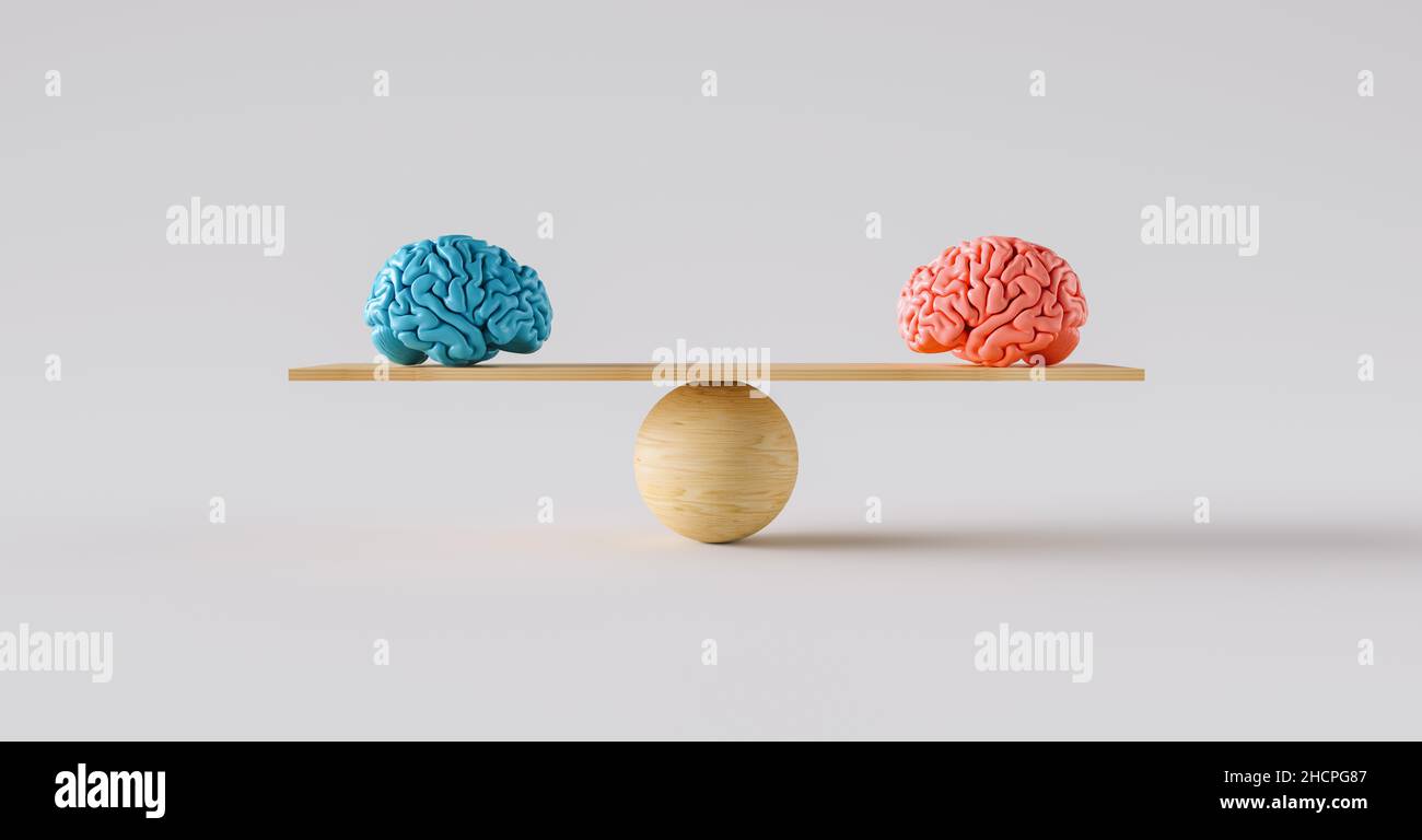 Holzskala, die ein Gehirn einer Frau und ein Gehirn eines Mannes ausbalanciert. Stockfoto