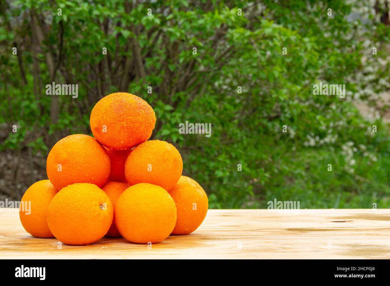 Frische, helle, leckere Orangen auf einem Holztisch im Garten, natürliches veganes Essen Stockfoto