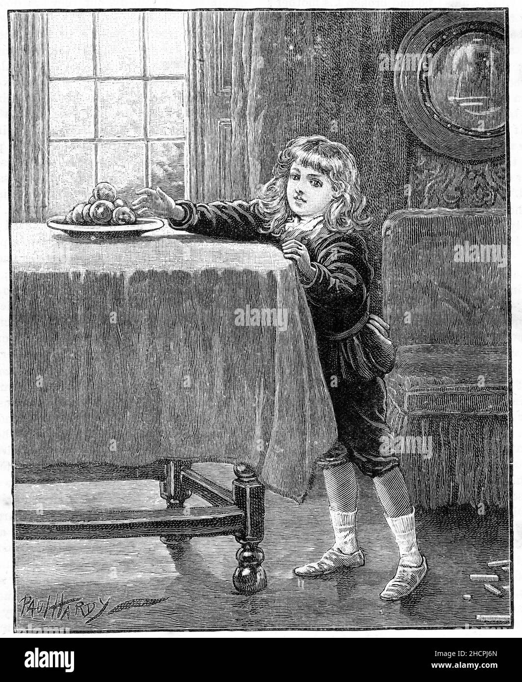 Stich eines Jungen, der sich selbst zu etwas Obst auf dem Tisch helft, veröffentlicht 1892 Stockfoto