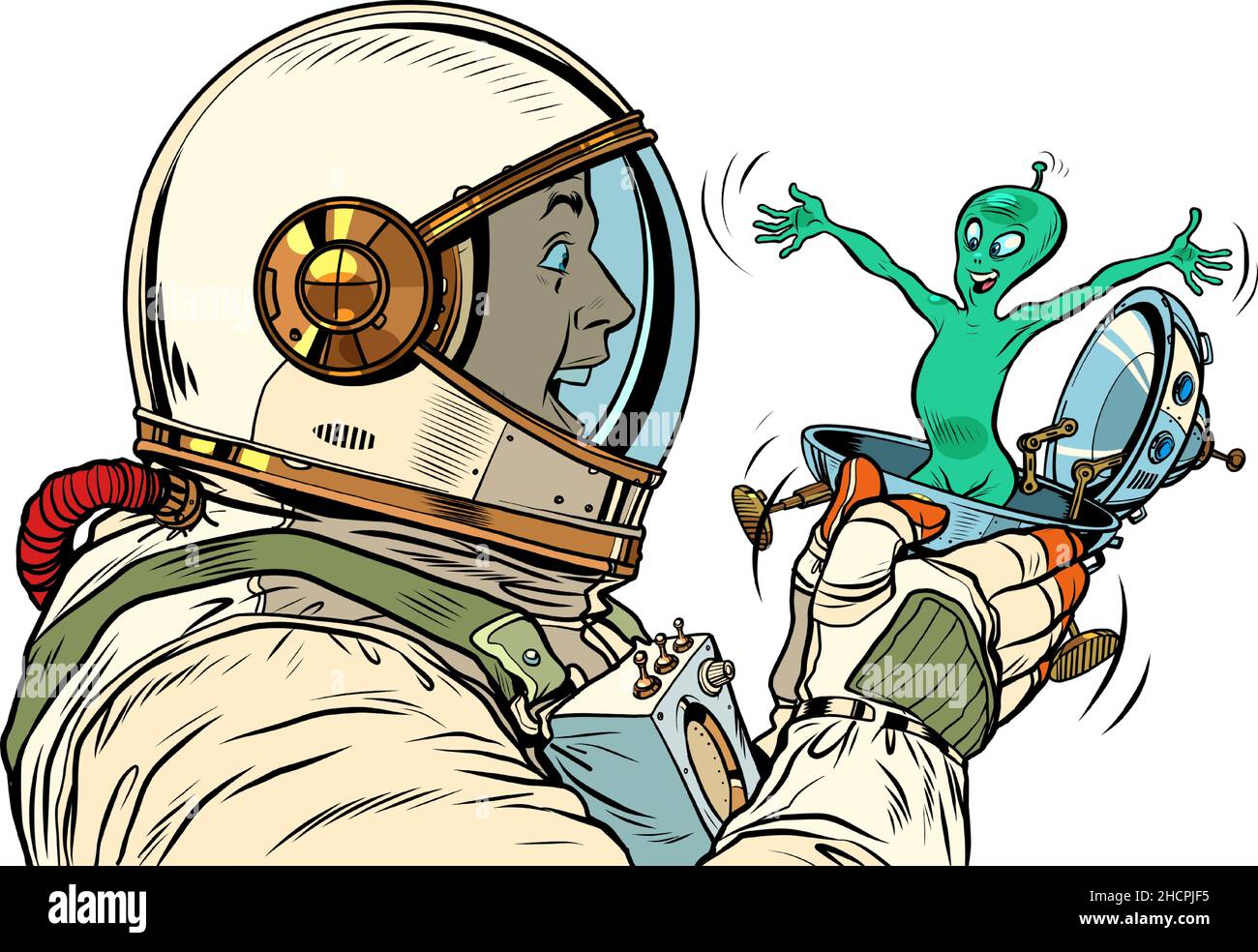 Ein überraschender männlicher Astronaut sieht einen Außerirdischen in einer festlichen UFO-fliegenden Untertasse-Box an Stock Vektor