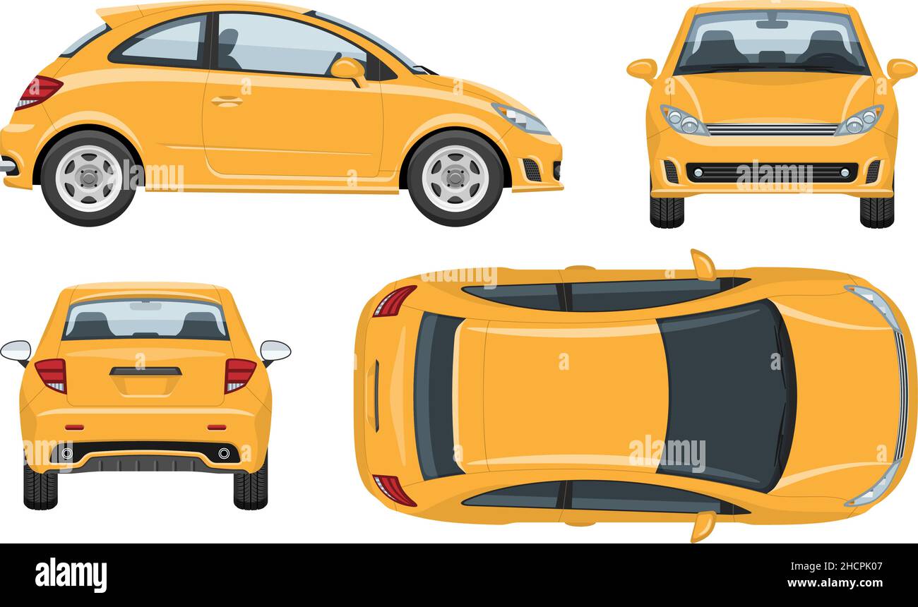 Auto-Vektor-Vorlage mit einfachen Farben ohne Verläufe und Effekte. Ansicht von der Seite, vorne, hinten und oben Stock Vektor