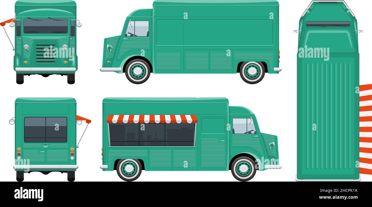 Food Truck Vektor-Vorlage mit einfachen Farben ohne Verläufe und Effekte. Ansicht von der Seite, vorne, hinten und oben Stock Vektor