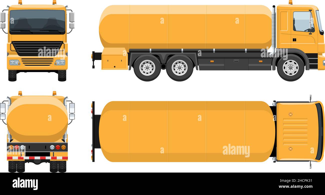 Tankwagen Vektor-Vorlage mit einfachen Farben ohne Verläufe und Effekte. Ansicht von der Seite, vorne, hinten und oben Stock Vektor