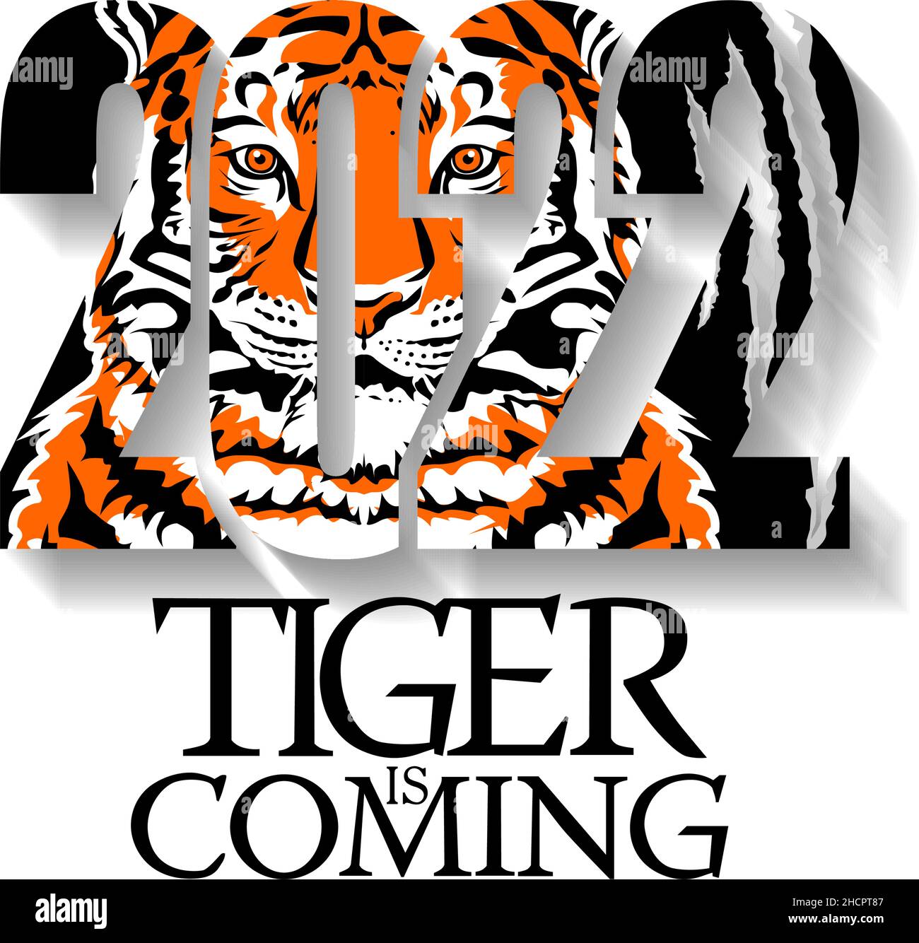 Tiger kommt. 2022 Jahr des Tigers, Zeichnung Tigergesicht und Zahlen 2022 für Poster, Broschüre, Banner, Einladungskarte, T-Shirt-Print Vektor auf Transparent Stock Vektor