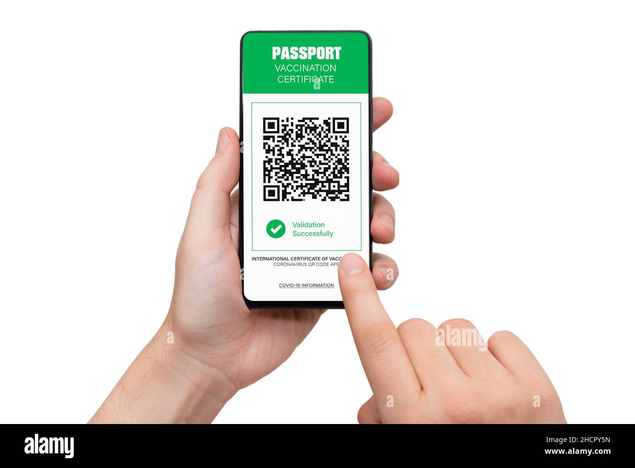 Digitale App für den Gesundheitspass auf dem Mobiltelefon. Internationale Impfbescheinigung Stockfoto