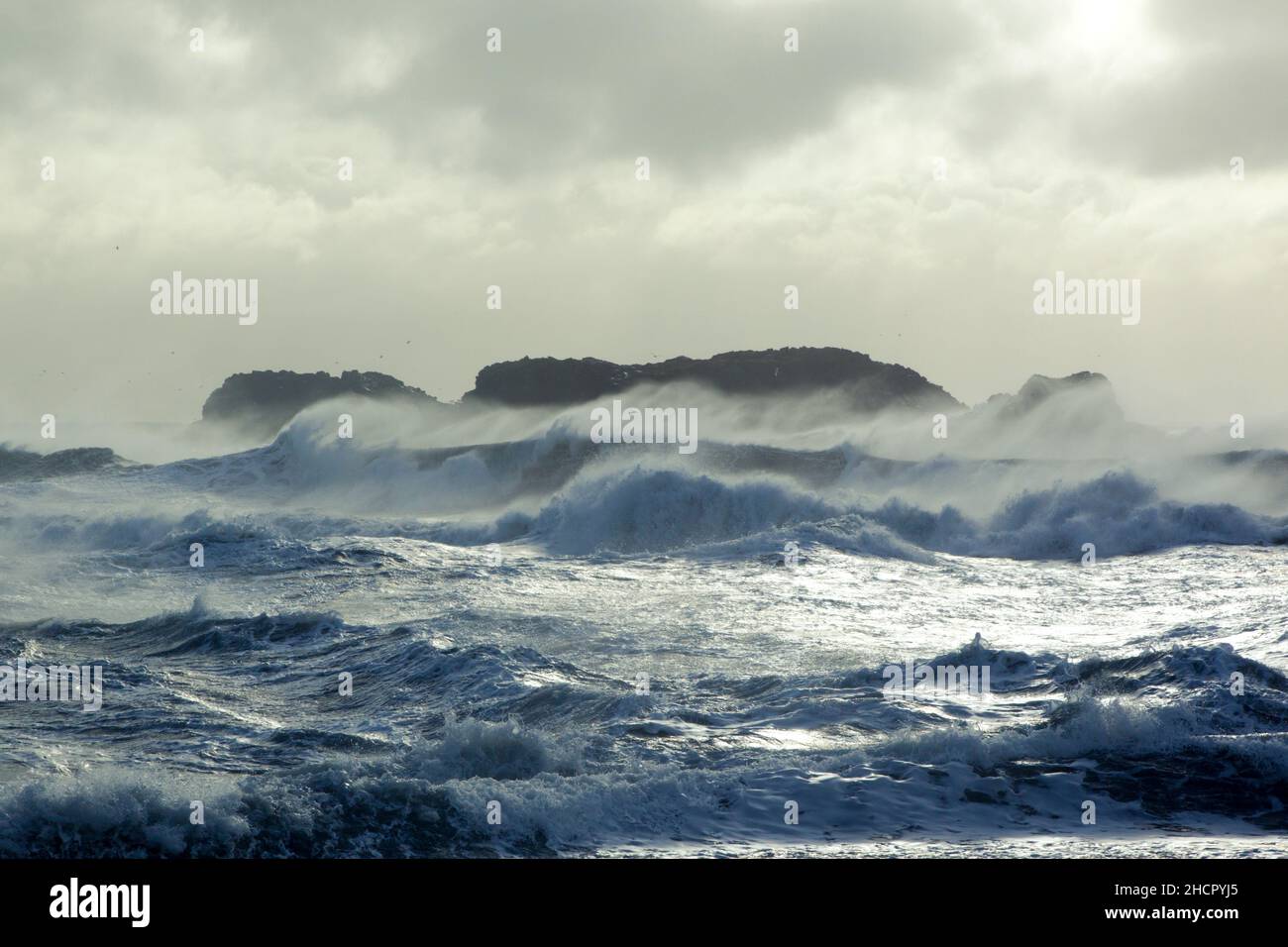 Energiereiche Wellen stürzen bei stürmischen Bedingungen in Island an Land Stockfoto