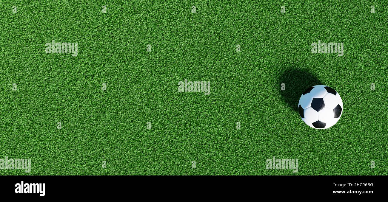 Fußball auf grünem Gras als Panorama-Hintergrund, Bannergröße Stockfoto