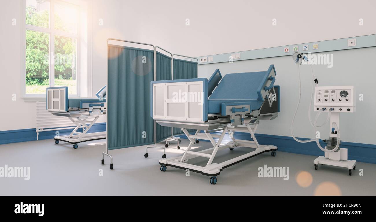 Klinik mit Beatmungsgeräten und Intensivbetten für Covid-19-Patienten mit Coronavirus-Epidemie Stockfoto