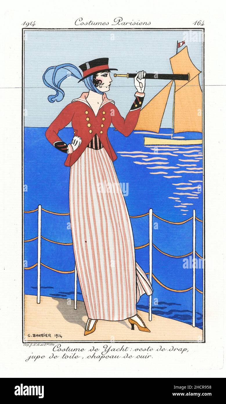 „Costumes Parisiens: Costume de Yacht“, eine Vintage-Illustration des französischen Künstlers George Barbier (1882–1932), Gravur, 1914 Stockfoto
