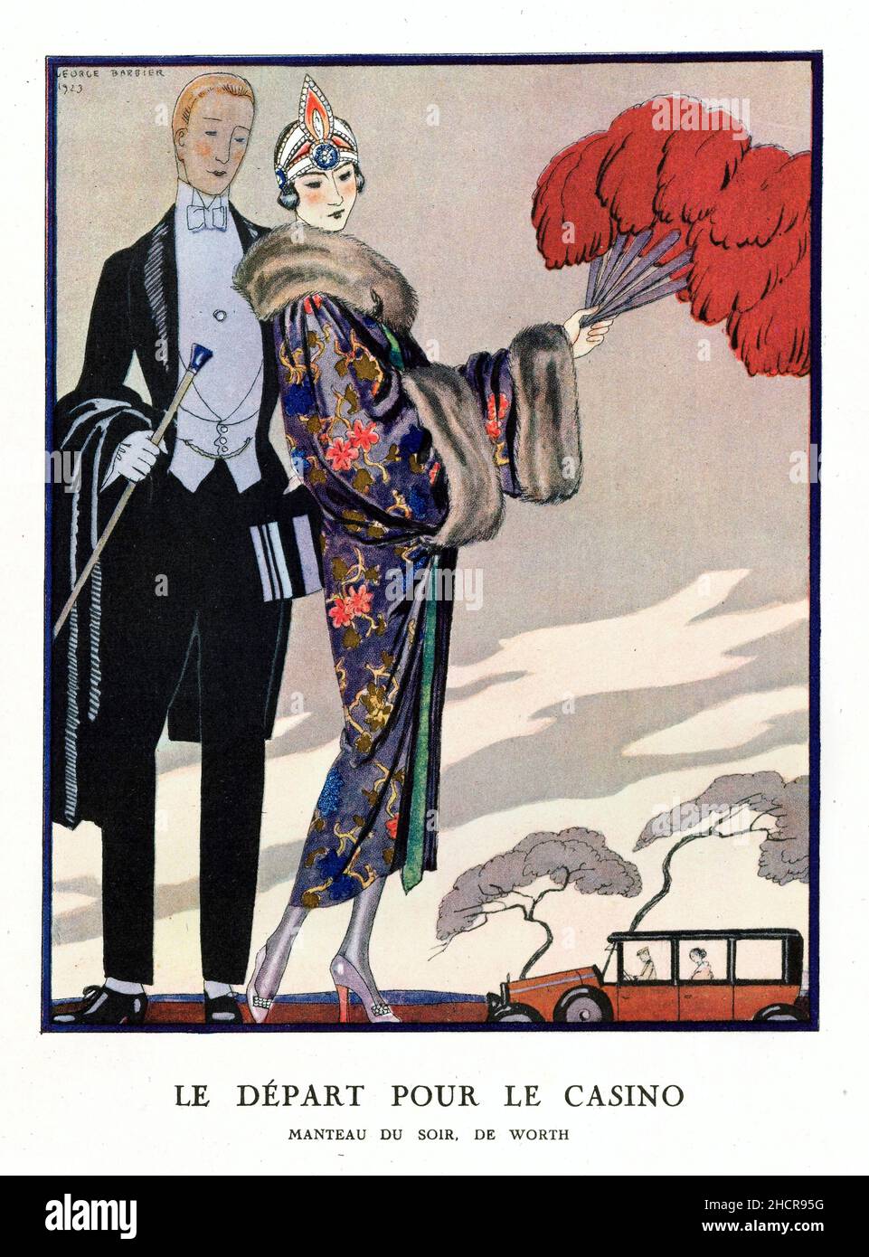 „Le DEPART pour le Casino“, eine Vintage-Illustration des französischen Künstlers George Barbier (1882–1932), Buchdruck, 1923 Stockfoto