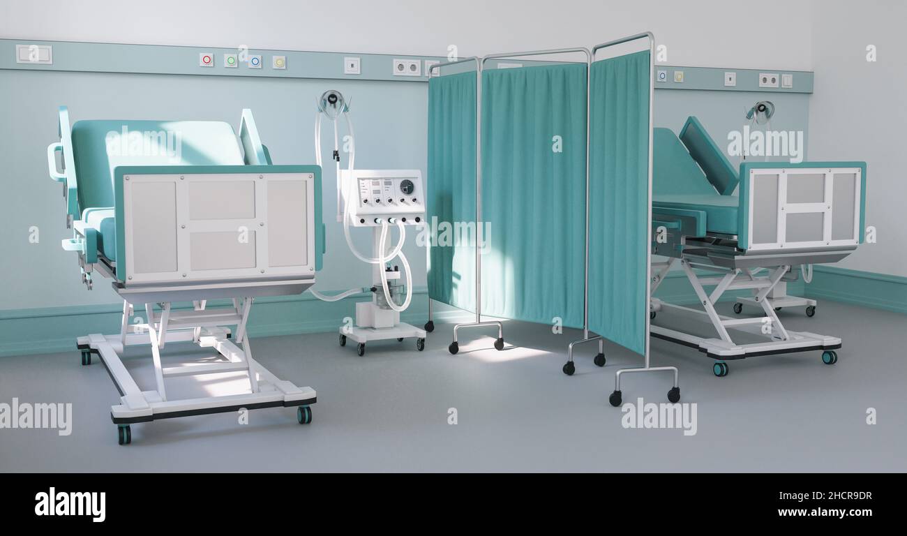 Intensivpflegebett mit Beatmungsgerät für Covid-19-Patienten in einer Klinik mit Coronavirus-Epidemie Stockfoto