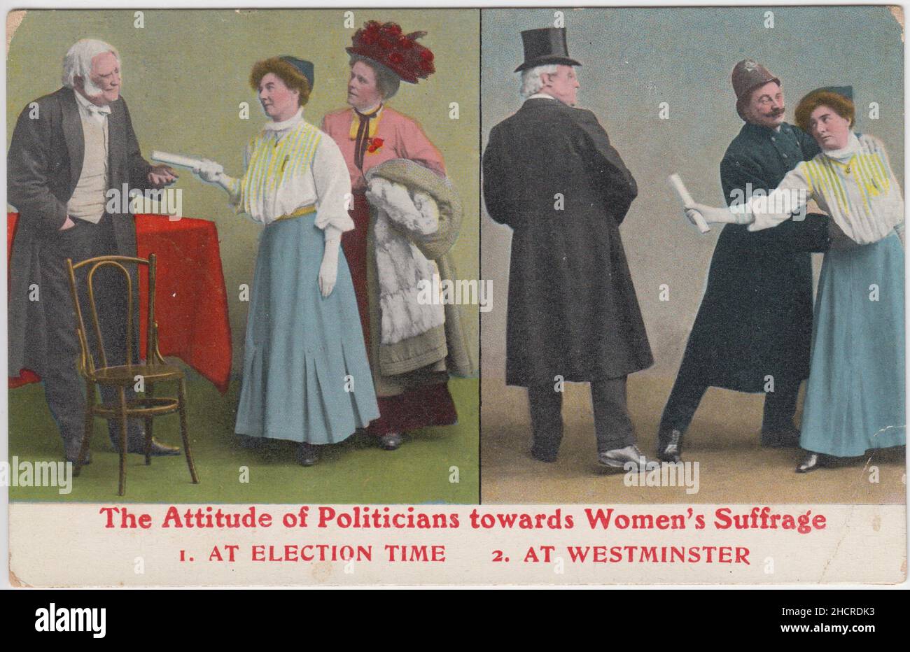 „die Haltung der Politiker gegenüber dem Frauenwahlrecht. 1. Zur Wahlzeit. 2. In Westminster': Zwei kontrastierende Bilder von Frauen und dem politischen System - eines zeigt, wie eine Politikerin lächelnd eine Petition von zwei Frauen erhält, das andere zeigt, wie dieselbe Politikerin sich von einer Frau mit einer Petition abwendet, da sie von einem Polizisten körperlich eingeschränkt wird Stockfoto