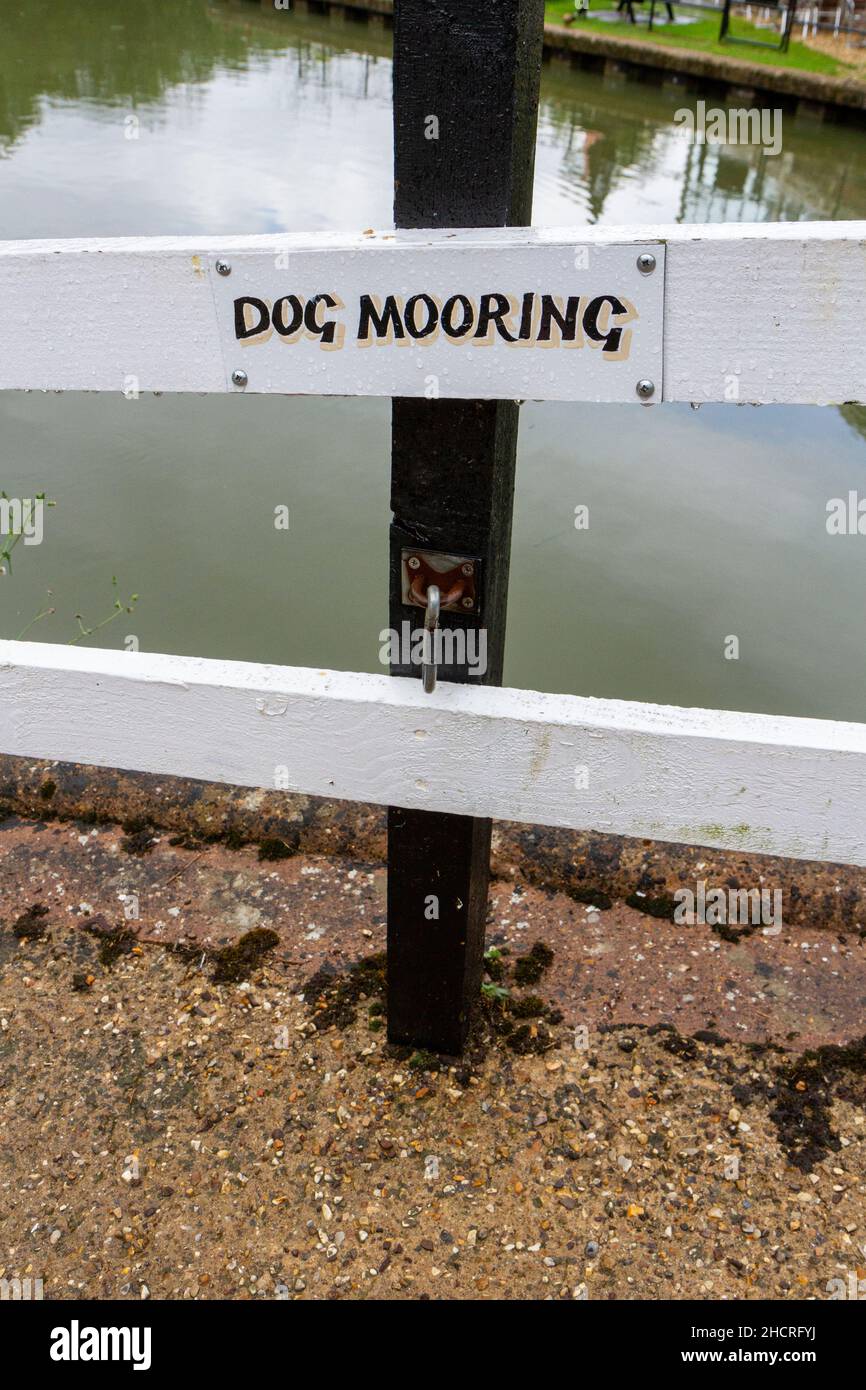 „Dog Mooring“-Schild und -Haken für Hundewanderer, Foxton Locks, auf der Leicester-Linie des Grand Union Canal, Leicestershire, Großbritannien. Stockfoto