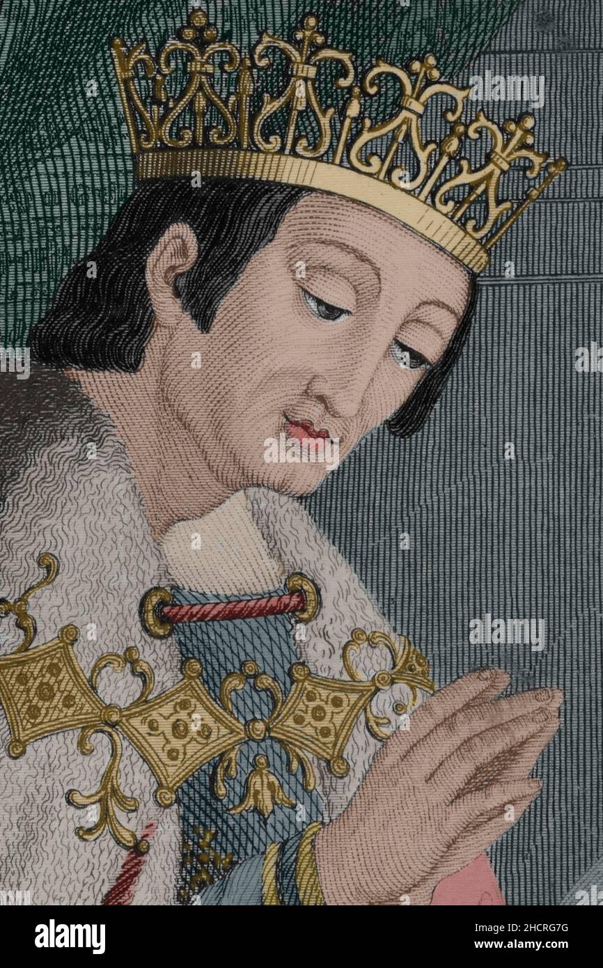 Alfonso VIII. Von Kastilien (1155-1214), genannt der Edle oder der der Navas. König von Kastilien von 1159 und König von Toledo. Porträt, Detail. Spätere Färbung. Stich von Antonio Roca. Las Glorias Nacionales, 1853. Stockfoto