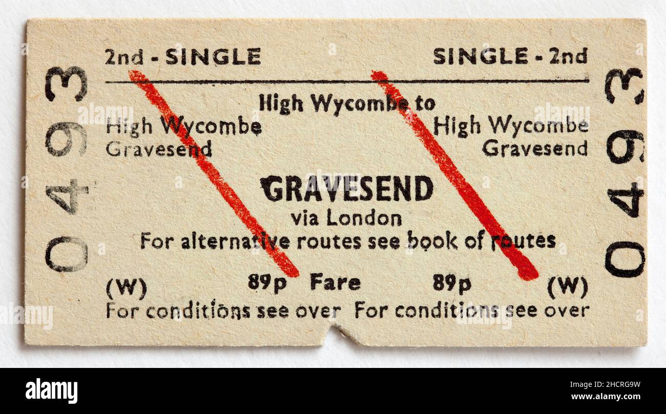 Old 1970s British Railway TrainTicket - High Wycombe nach Gravesend Stockfoto
