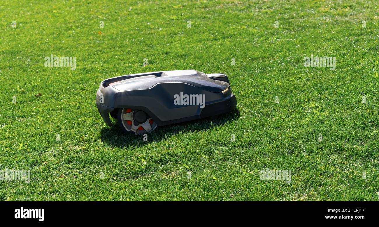 Roboter-Rasenmäher auf dem Rasen, Seitenansicht Stockfoto