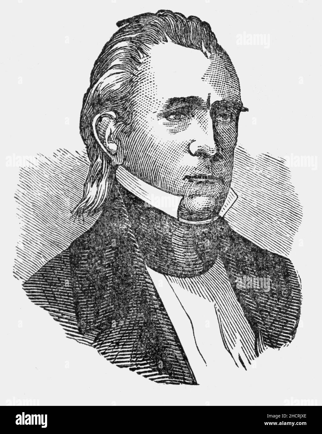 Ein Porträt von James Knox Polk (1795-1849), dem Präsidenten der Vereinigten Staaten von 11th, aus dem späten 19th. Jahrhundert, das von 1845 bis 1849 diente. Als Protegé von Andrew Jackson war er Mitglied der Demokratischen Partei und Verfechter der Jacksonian Demokratie. Polk ist vor allem dafür bekannt, das Gebiet der Vereinigten Staaten durch den mexikanisch-amerikanischen Krieg zu erweitern; während seiner Präsidentschaft erweiterten sich die Vereinigten Staaten erheblich mit der Annexion der Republik Texas, des Territoriums von Oregon und der mexikanischen Abtretung nach dem amerikanischen Sieg im mexikanisch-amerikanischen Krieg. Stockfoto