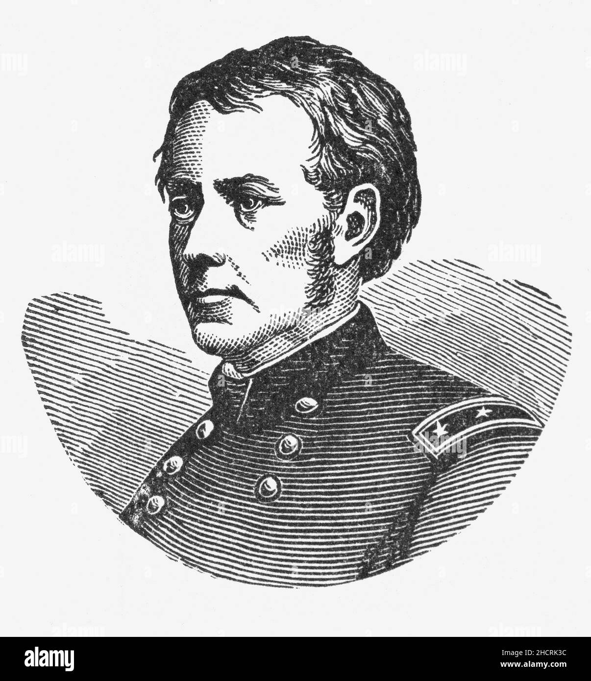 Ein Porträt von Joseph Hooker (1814-1879) aus dem späten 19th. Jahrhundert war ein General des amerikanischen Bürgerkrieges für die Union. Zu Beginn des Bürgerkrieges trat er als Brigadegeneral der Union bei, wo er sich in Williamsburg, Antietam und Fredericksburg ausdifferenzierte, woraufhin er das Kommando über die Armee der Potomac erhielt. Er wird vor allem für seine entscheidende Niederlage durch den konföderierten General Robert E. Lee bei der Schlacht von Chancellorsville im Jahr 1863 in Erinnerung behalten. Er wurde bekannt als "Fighting Joe" nach einem klerikalen Fehler eines Journalisten, und der Spitzname blieb stecken. Stockfoto