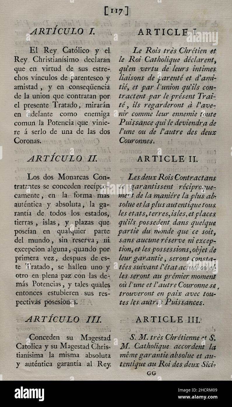Vertrag von Paris (III Family Compact). Vertrag zwischen König Karl III. Von Spanien und König Ludwig XVI. Von Frankreich, unterzeichnet in Paris am 15. August 1761. Es bedeutete Spaniens Beteiligung an der letzten Phase des Siebenjährigen Krieges (1756-1763), mit dem Ziel, Menorca und Gibraltar zurückzugewinnen und Frankreich gegen England zu unterstützen. Artikel I und II Sammlung der Verträge über Frieden, Allianz und Handel, die von der spanischen Krone mit den ausländischen Mächten angepasst wurden (Colección de los Tratados de Paz, Alianza, Comercio ajustados por la Corona de España con las Potencias Extranjeras). Band III Madrid, 1801. Histori Stockfoto