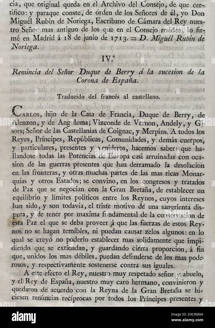 Königliches Edikt, das den Rücktritt von H.M. Catholic (Philipp V. von Spanien) an die Nachfolge der Krone von Frankreich und die der Fürsten an die von Spanien festlegt, davon ausgenommen das Haus Österreich, Und die Erklärung und Berufung des Hauses Savoyen in Verzug der Nachkommen von König Philipp V. Rücktritt des Herzogs von Berry auf die Nachfolge an die Krone von Spanien. Sammlung der Verträge über Frieden, Allianz und Handel, die von der spanischen Krone mit den ausländischen Mächten (Colección de los Tratados de Paz, Alianza, Comercio ajustados por la Corona de España con las Potencias Extranj Stockfoto